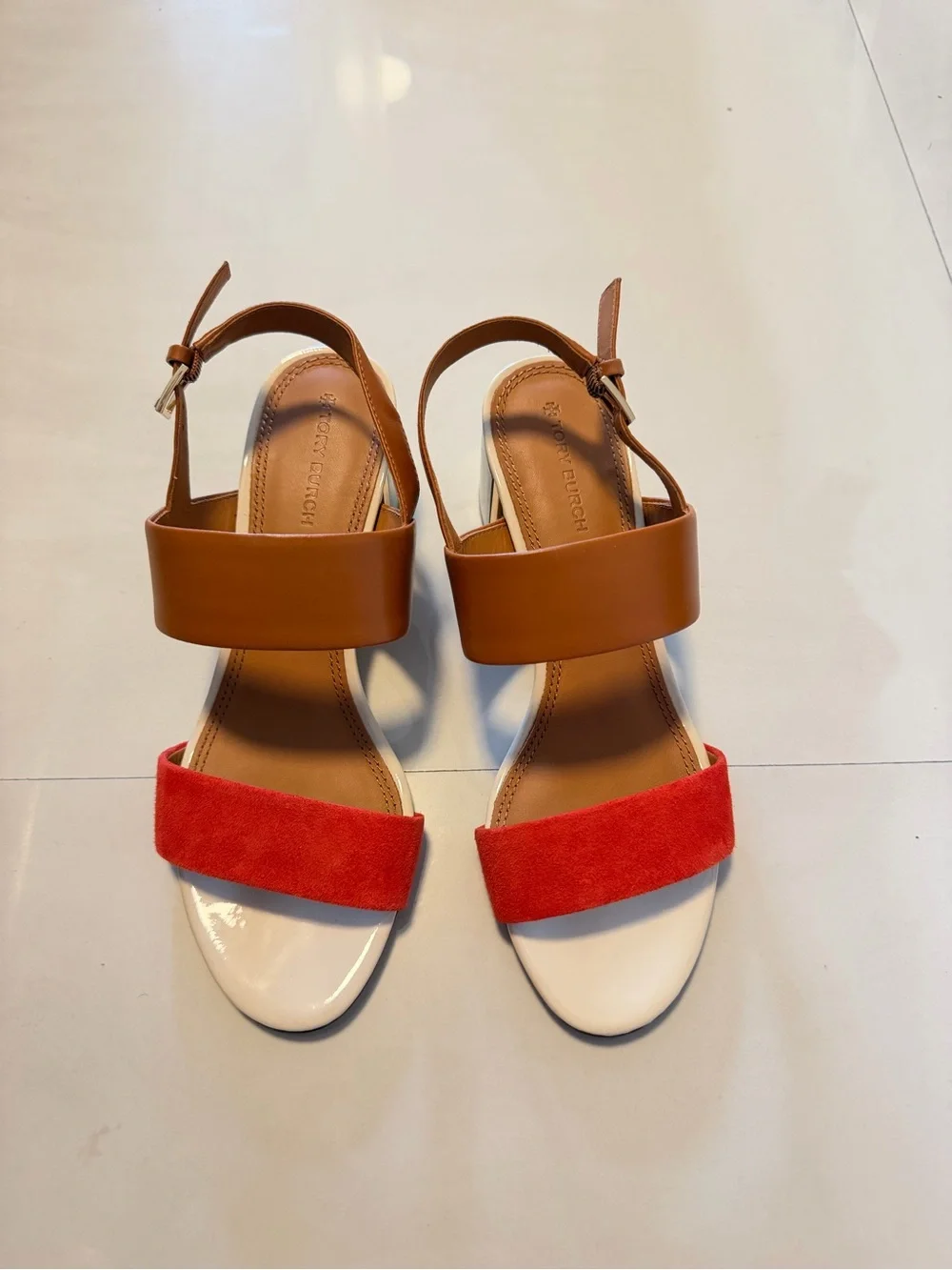 Tory Burch Red Suede & Tan Leather Open-Toe Slingback Sandals